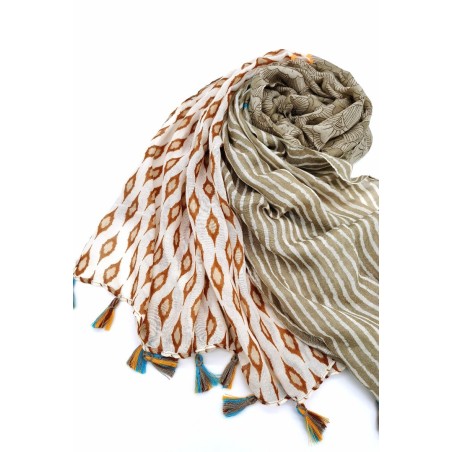 Écharpe Imprimée avec Pompons Femme Beige