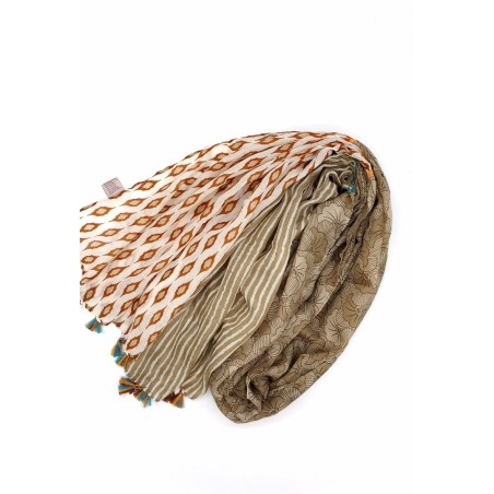 Écharpe Imprimée avec Pompons Femme Beige