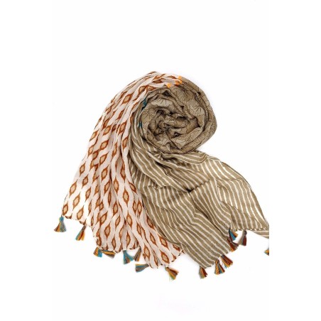Écharpe Imprimée avec Pompons Femme Beige
