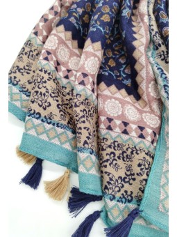 Foulard Doux avec Pompons multicolores Bleu 2