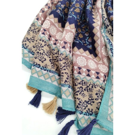 Foulard Doux avec Pompons multicolores Bleu