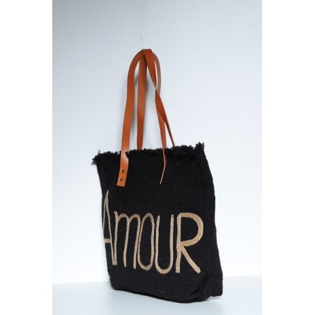 Sac Cabas Noir en Jute Imprimé Amour