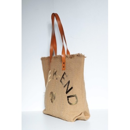 Sac Cabas Camel en Jute Imprimé Week-end