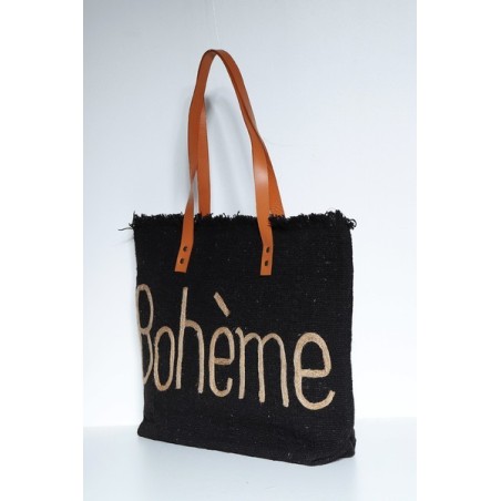 Sac Cabas Noir en Jute Imprimé Bohème