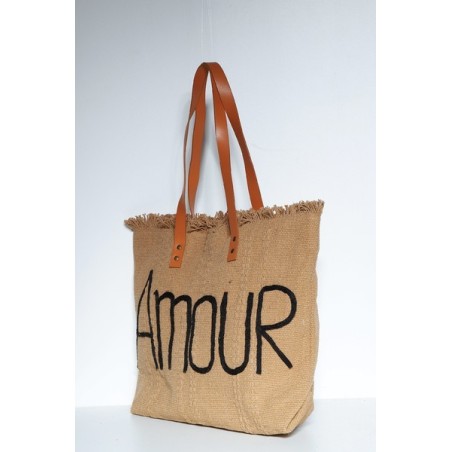 Sac Cabas Camel en Jute Imprimé Amour