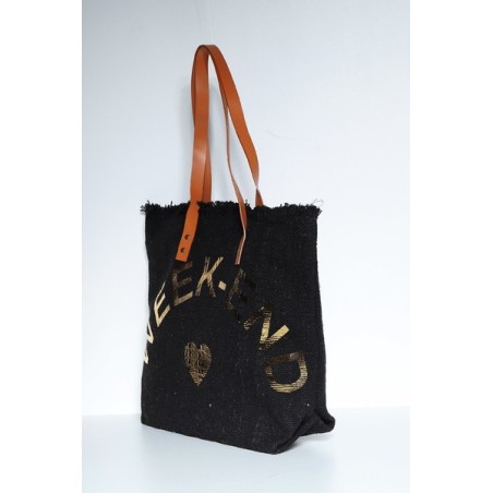 Sac Cabas Noir en Jute Imprimé Week-end
