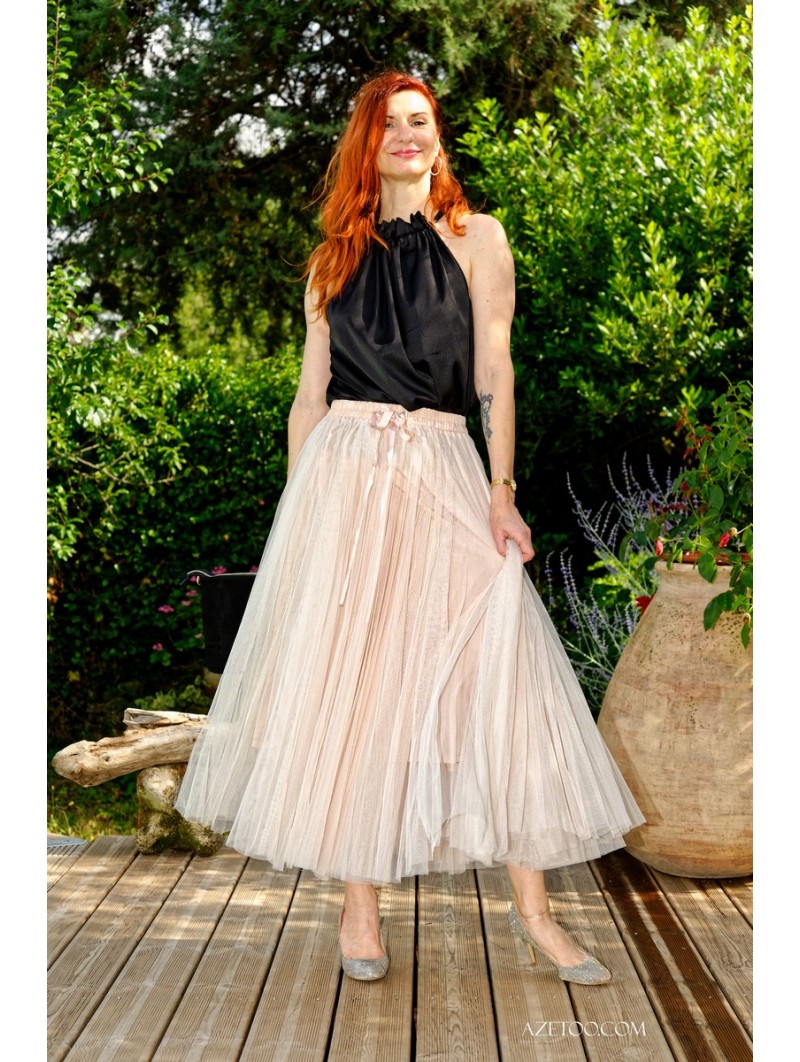 Jupe Longue en Tulle Femme : Jupe en tulle Rose Poudré