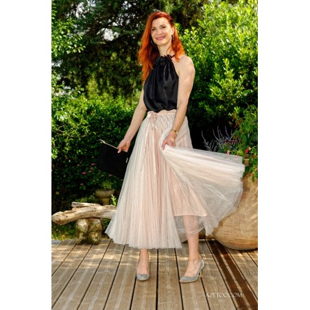 Jupe longue en tulle rose poudré femme | AZETOO