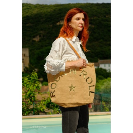 Sac Cabas Camel en Jute Imprimé Rock N Roll