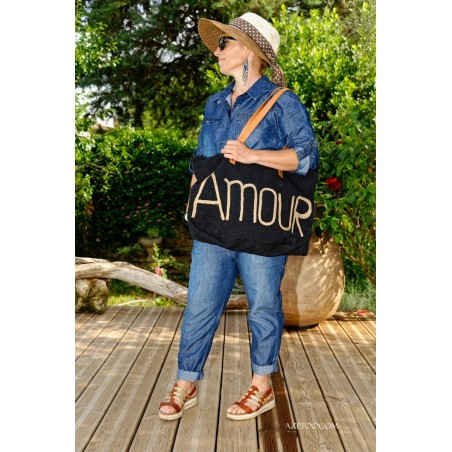 Sac Cabas Noir en Jute Imprimé Amour