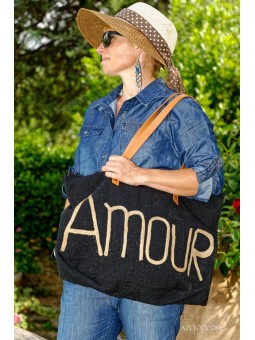 Sac Cabas Noir en Jute Imprimé Amour 2