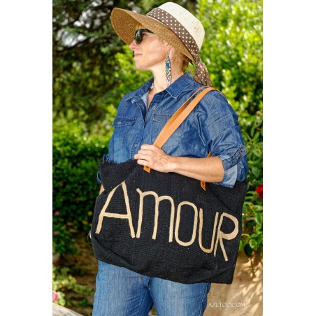 Sac Cabas Noir en Jute Imprimé Amour