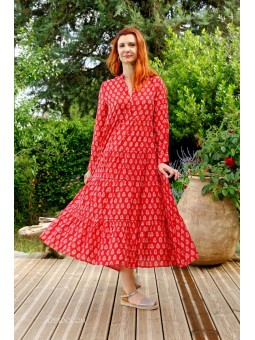 Robe longue fleurie ethnique rouge femme | AZETOO 2