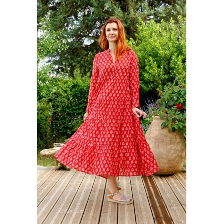 Robe longue fleurie ethnique rouge femme | AZETOO