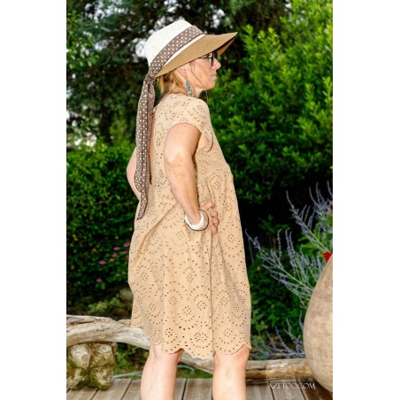 Robe courte broderie anglaise taupe femme | AZETOO