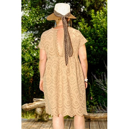Robe courte broderie anglaise taupe femme | AZETOO