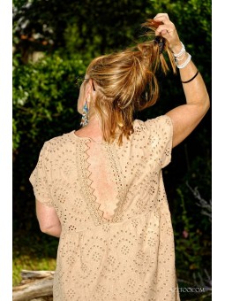 Robe courte broderie anglaise taupe femme | AZETOO 2