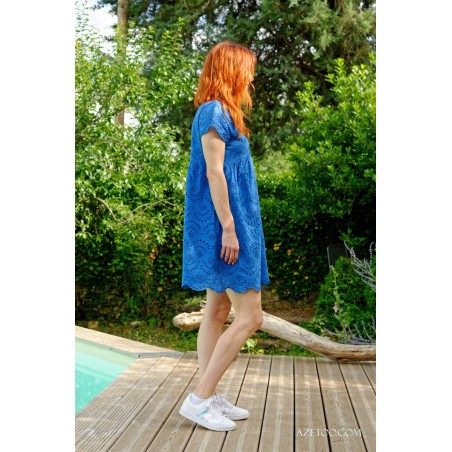 Robe courte broderie anglaise bleu royal femme | AZETOO