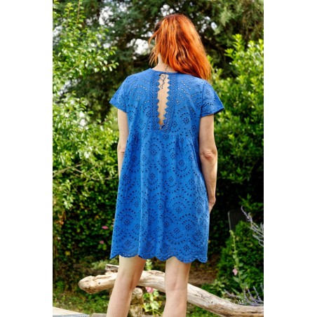 Robe courte broderie anglaise bleu royal femme | AZETOO